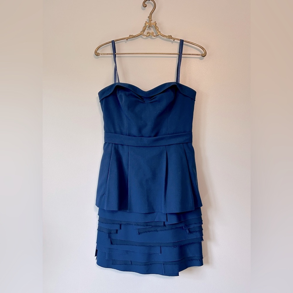 BCBGMaxAzria blue cocktail or event dress with unique peplum layered skirt